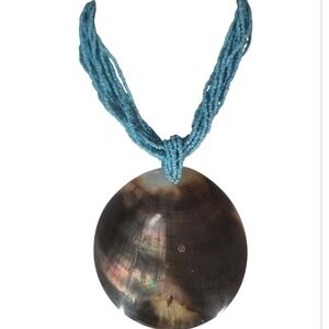 Handmade Statement Beach Bohemian Blue and Brown Shell  Pendant Necklace.